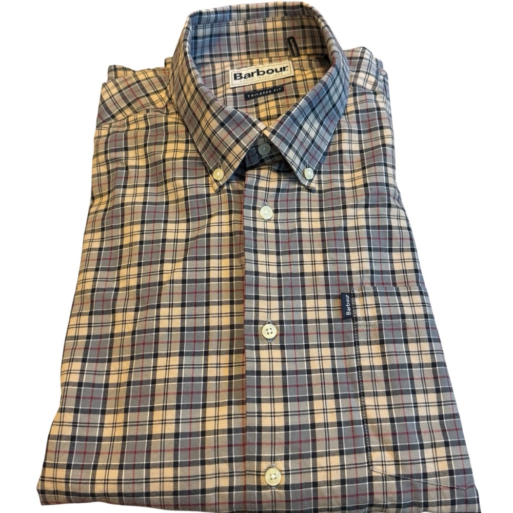Barbour Men's Tan Plaid Button-Down Shirt